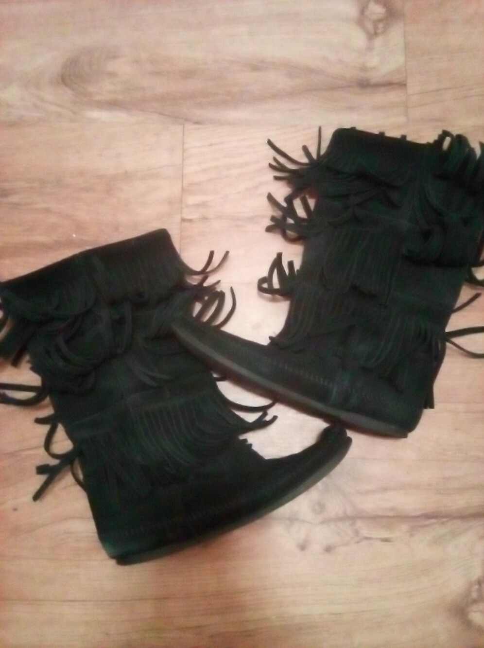 Minnetonka Fringe Suede Mid-Calf Boots in Black